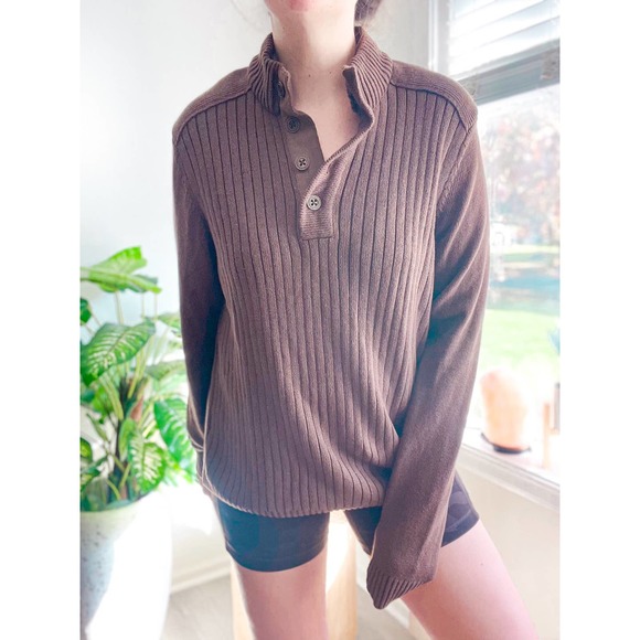 G.H. Bass & Co. Sweaters - G.H. Bass Ribbed Henley Sweater Large Brown Sherpa Collar Boyfriend Fit